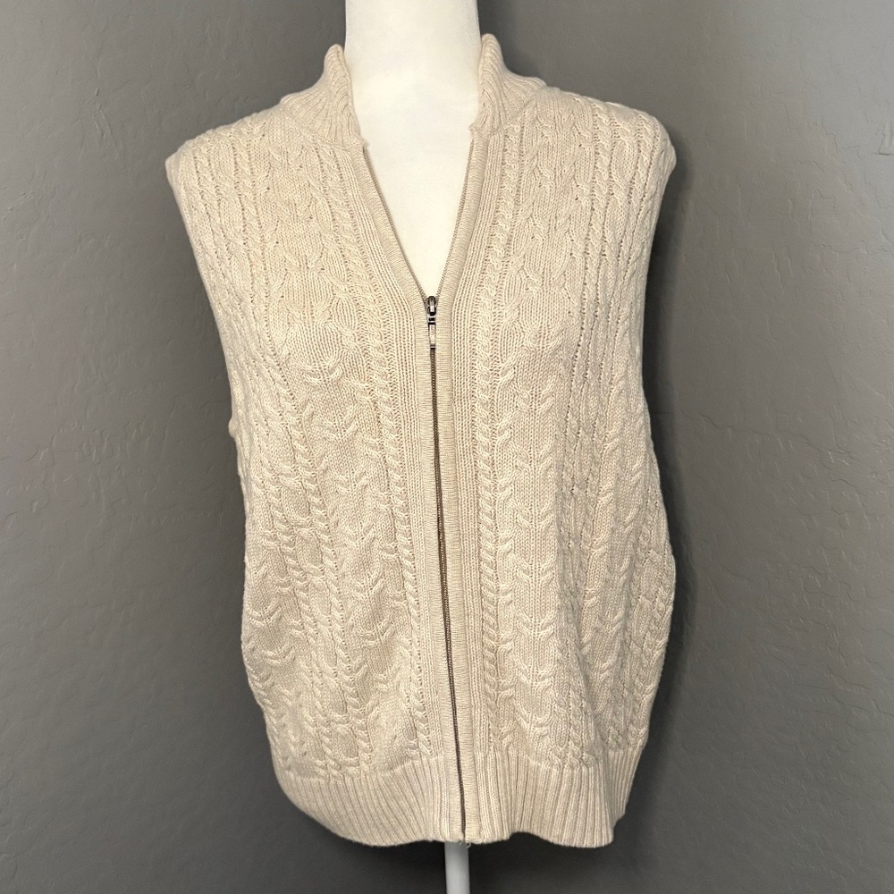 Pendelton Vest Ivory Cable Knit Full Zip Sleeveless Size Large